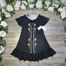 LOVE, FIRE WOMEN Mini Dress BLACK Embroidered Flowers Boho SIZE XSMALL