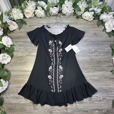 LOVE, FIRE WOMEN Mini Dress BLACK Embroidered Flowers Boho SIZE XSMALL |  eBay