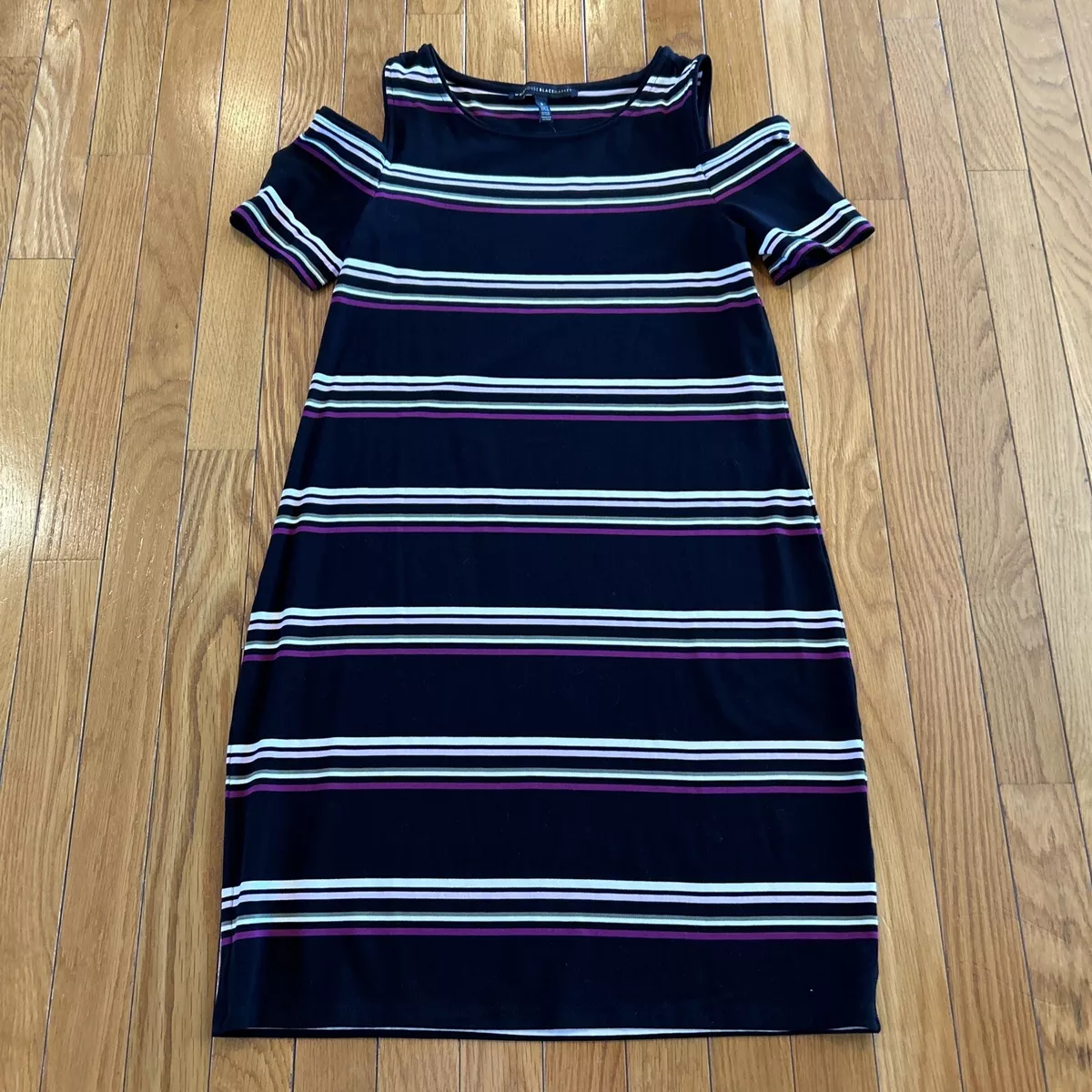 White House Black Market Black Striped Cold Shoulder Sheath Dress Sz Small