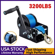 3200lbs Hand Winch Polyester Strap 2 Gear Hand Crank Gear Winch ATV Trailer Boat