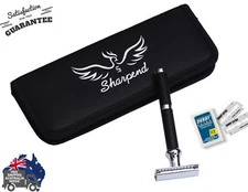 LONG DOUBLE EDGE BLACK OPEN SAFETY RAZOR FOR MEN WOMEN + 10 SHAVING BLADES