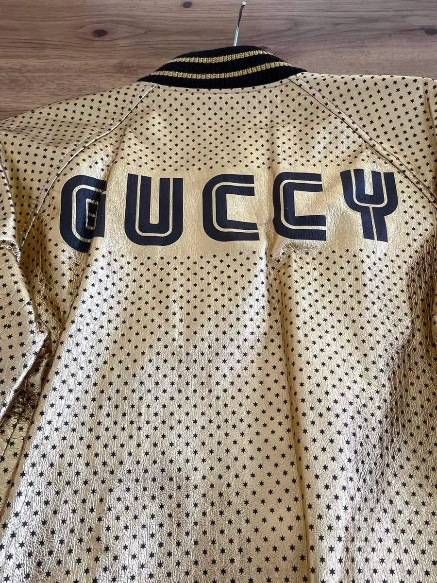 100% Authentic GUCCI “ GUCCY “Print SEGA Gold Bomber leather Jacket Size: 40