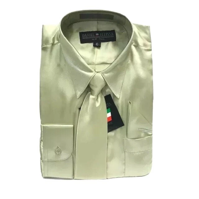 Daniel Ellissa Boys Olive Green Satin Dress Shirt Tie Hanky Set Size 16