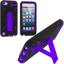 iPod Touch 5 6 Gen HARD  SOFT RUBBER HYBRID CASE COVER BLACK PURPLE KICK STAND