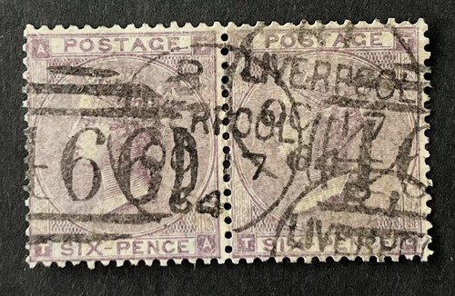 GB QV 1862-64 6d Lilac SG.84. Good used pair with duplex & CDS Cancels Cat.£280+
