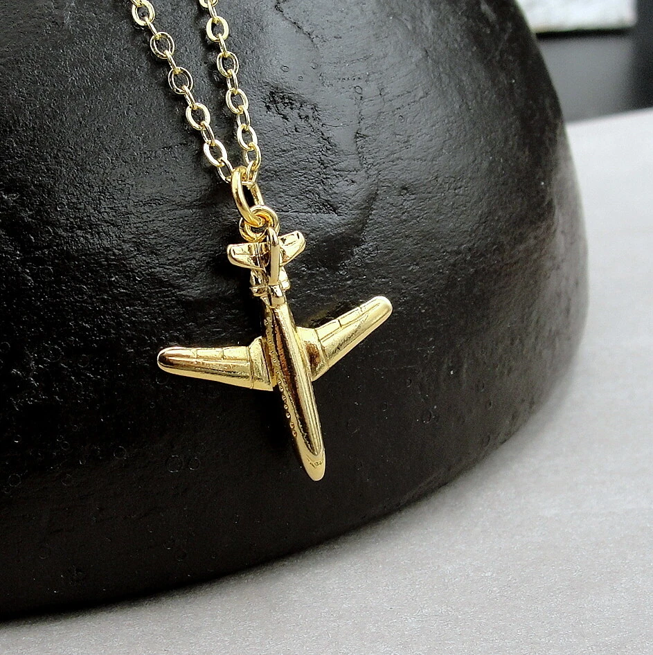 Gold Airplane Necklace Jet Plane Charm Jewelry Pilot Flight