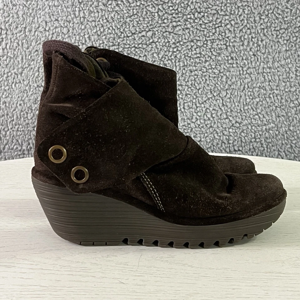 Fly London Botas Mujer 38/8 Marrón Gamuza Yama Acanalado Cuña Plataforma Botines Foto 4 de 4