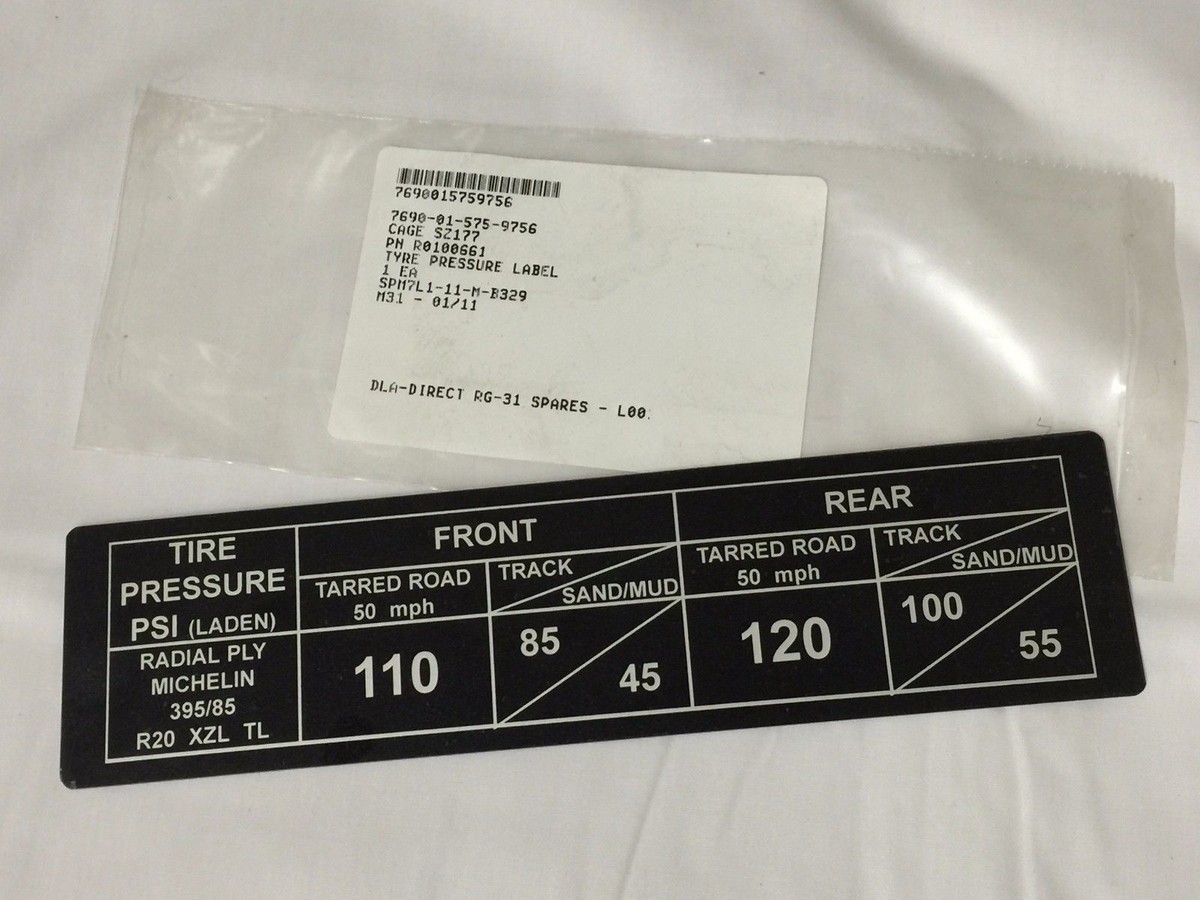 MICHELIN R20 XZL TL TIRE PRESSURE LABEL US MILITARY TACTICAL