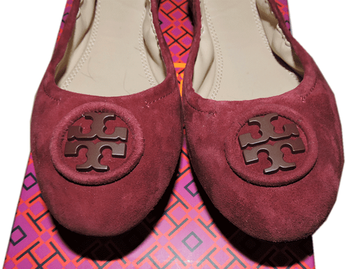 Tory Burch Allie Ballerina Flats Burgundy Logo Minnie Reva Suede Ballet Shoe 7 - Afbeelding 1 van 6