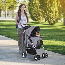 Foldable 4 Wheel Dog Stroller Pet Travel Carriage for Pets w/ Carrier Cart Gray