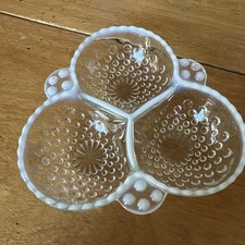 Vintage Fenton French Opalescent Glass Hobnail 3 Section lobe Relish Candy Dish