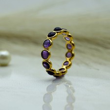Round Cut Simulated Purple Amethyst Wedding Band Ring In 14k Yellow Gold Plated