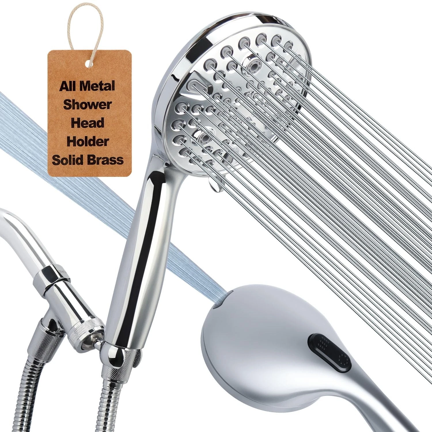 Shower Head with Handheld - All Metal Holder and Long Hose, Premium Chrome