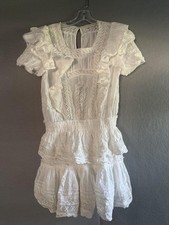LoveShackFancy Dress Womens M White Lace Ruffle Smocked Boho Fit & Flare Mini