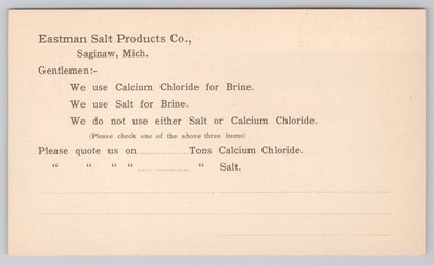 Vtg Eastman Salt Products Saginaw MI Form Card Calcium Chloride Salt Brine Ephem