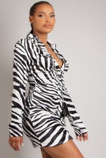 Long Sleeve Black Zebra Pattern Ruched Ruched Shirt Dress UK 12