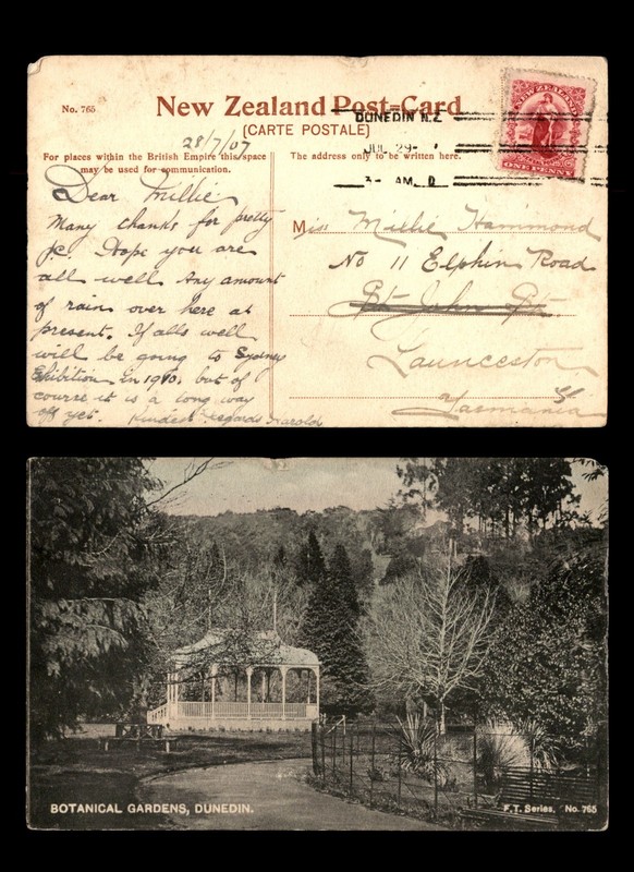 Mayfairstamps New Zealand 1907 Dunedin botanical gardens to Tasmania Post Card a