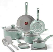 T-fal Refresh Ceramic, Ceramic Non Stick Cookware Set 12 12 Piece, Mint Green 