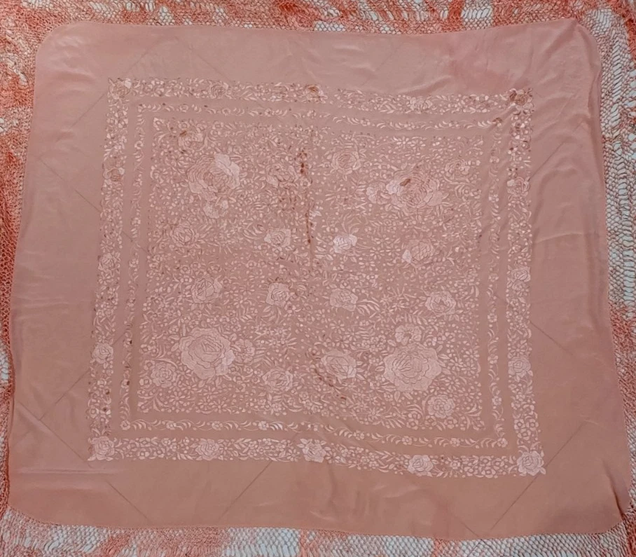Mantón Piano Manton de Manila Floral Melocotón Naranja Seda Bordado 55"+28" Flecos Foto 2 de 4