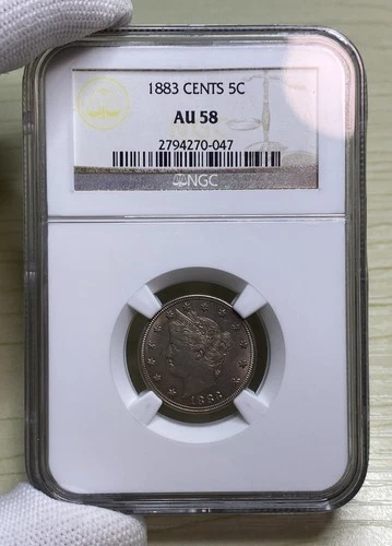 US 1883 Liberty V Nickel 5 Cents with Cents Old Holder Strictly Graded NGC AU 58