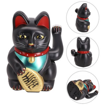 BLACK FENG SHUI Gold Lucky Beckoning Waving Cat Maneki Neko 5''tall