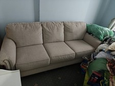 3 Seater Sofa Couch Linen Fabric Settee for Living Room & Office Studded Oatmeal