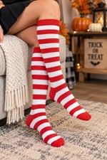 Women's Red White Striped Knee High Tube Socks Size 9-11 Halloween Costume NWOT