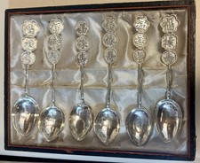 Antique Set of 6 Chinese Sterling Silver Demitasse Spoons in Original Glass Case