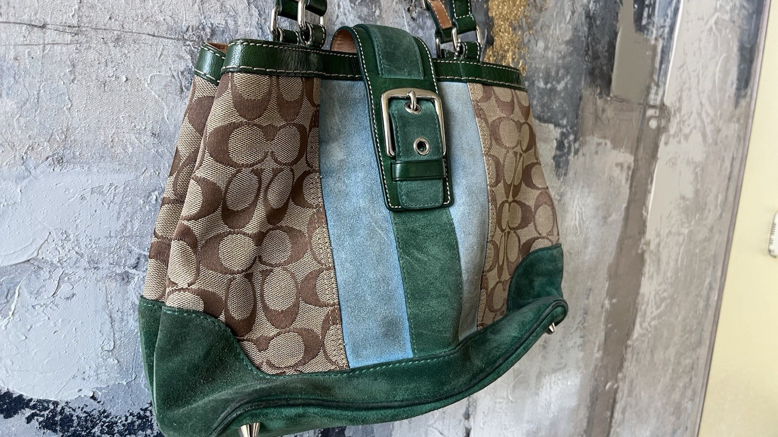 Coach Green Monogram Hampton Suede Tote Handbag