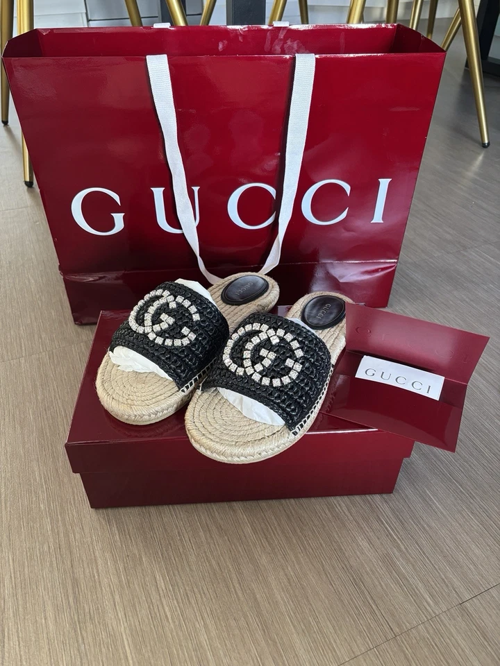 Gucci Sandales femme à enfiler paille noir/beige logo GG EU 39 - Photo 1/3