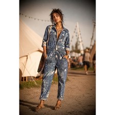 NEW Lee Women's Denim Splatter Union-Alls Coverall Great Fog Sz Large Zip Front