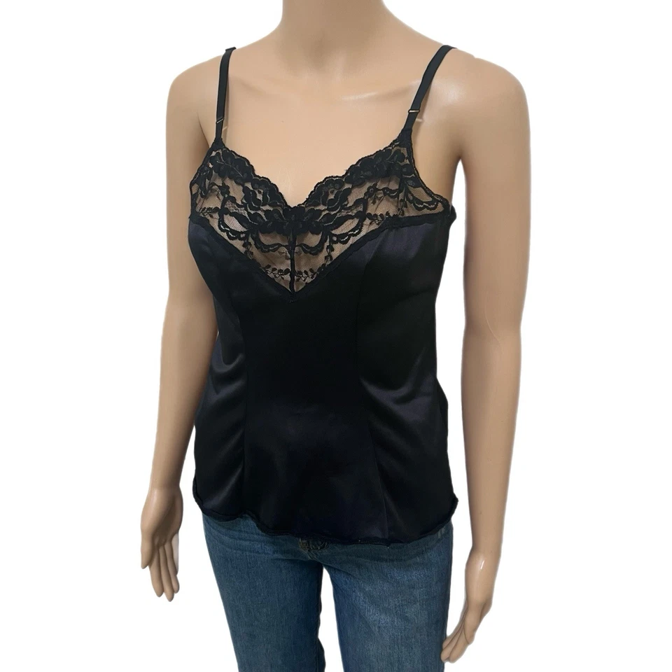 Camiseta sin mangas vintage Vassarette lencería años 80 negra encaje camisola - talla pequeña Foto 2 de 4