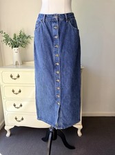 GHANDA Size 10 Women  s Lizzie Denim Skirt Button Front Midi Length 100 Cotton