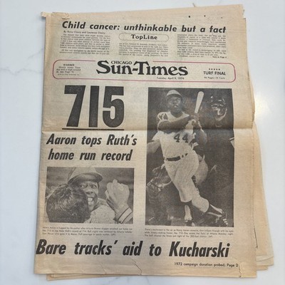 Chicago Sun-Times April 9 1974 Aaron tops Ruth 715 Home Run Child Cancer SA