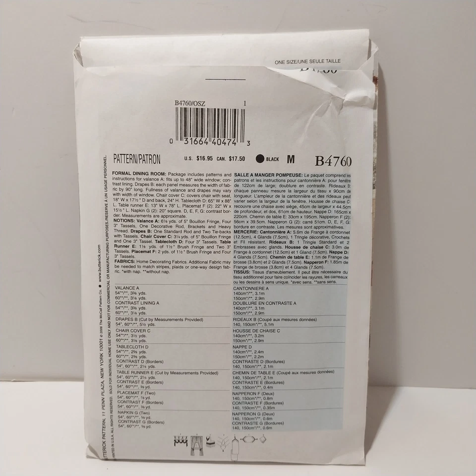 BUTTERICK Sewing Pattern B4760 WAVERLY FORMAL DINING ROOM  Uncut - Image 2 of 4