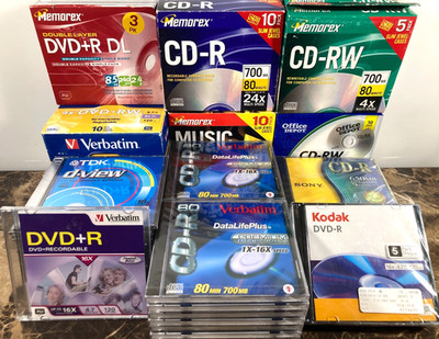 HUGE Lot (96) CD-R DVD-R +RW +R DL Blank Disc Media w/Cases Verbatim Memorex NEW