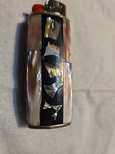 Vtg Lighter Case Pink MOP Black Abalone Shell Western Cover Holder for Bic 