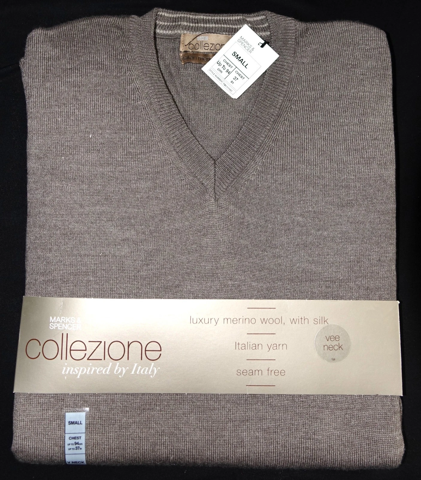MENS M&S COLLEZIONE MERINO WOOL WITH SILK V-NECK JUMPER SIZE S SMALL - NEW