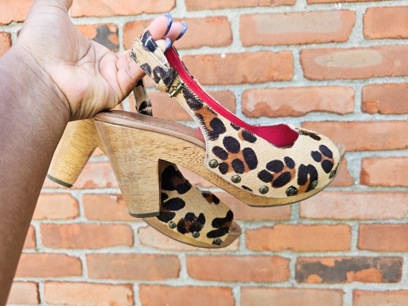 Boden Leopard Calf Hair Studded Wooden Platform Heels Sandals EU 39 US 8