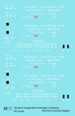 K4 HO Scale Decals Dickens Co-Op Elevator Co. PS-2CD Covered Hopper White Iowa