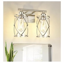 2-Light Brushed Nickel Vanity Light, Clear Glass Cylinder Shades, E26 UL