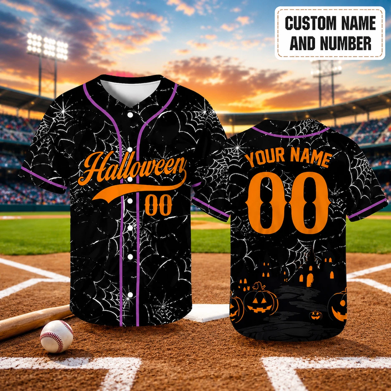 Halloween Cosplay Costume Baseball Jersey Men Short Sleeve Button Down Pumpkin