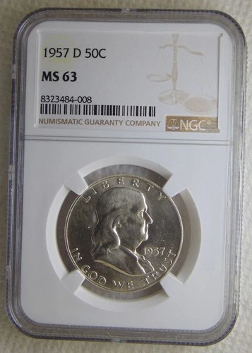 1957 D Franklin 50C Silver Half Dollar, NGC MS63, NICE COIN, SWEET!