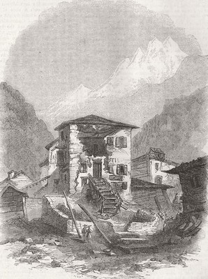 SCHWEIZ. St. Niklaus, Nach dem Erdbeben 1856 altes antikes Druckbild