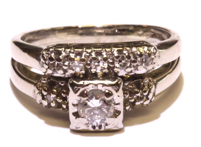 14k White Gold .30ct Round Diamond Engagement Ring Wedding Band Set 4.3g Size 5
