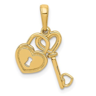 Real 14K Yellow Gold Polished Moveable Heart Key and Heart Lock Charm Pendant