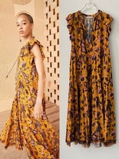Ulla Johnson Yellow Floral Print Butterfly Sleeve Tassel Long Chiffon Dress 0-8