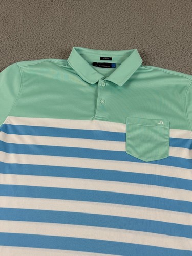 J.LINDEBERG Polo Shirt Mens L Green Blue Slim Fit Colorblock Golf Performance - Picture 2 of 15