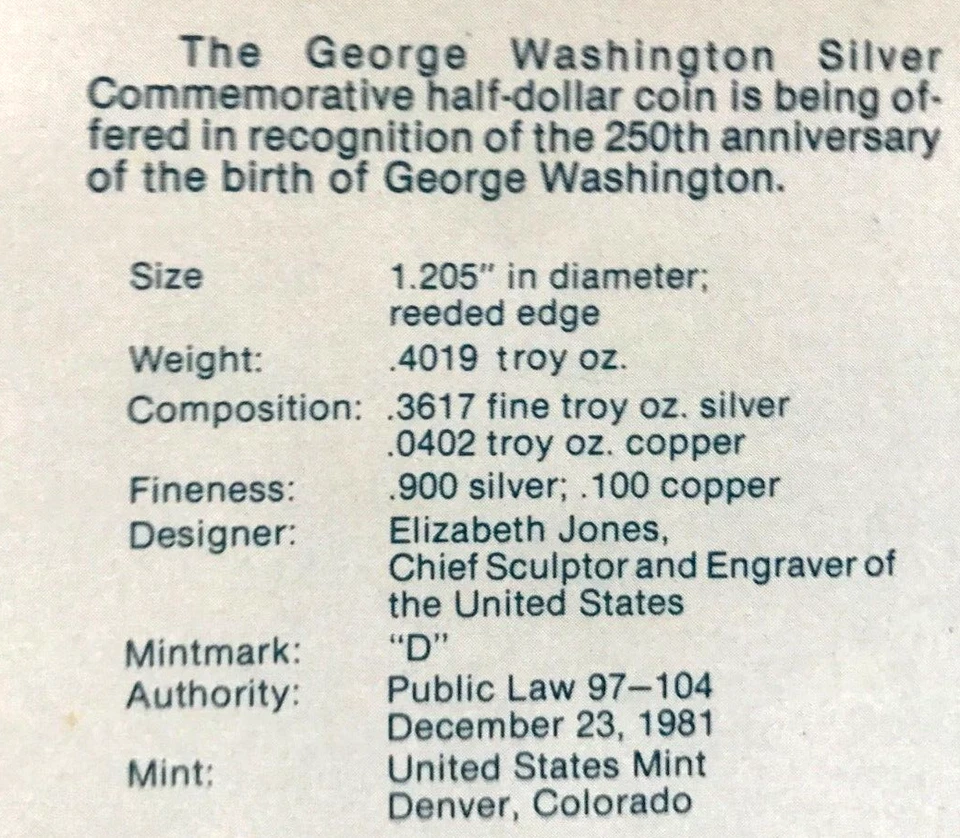 1982 D George Washington Silver Half Dollar Uncirculated With Box and COA - Image 3 of 4