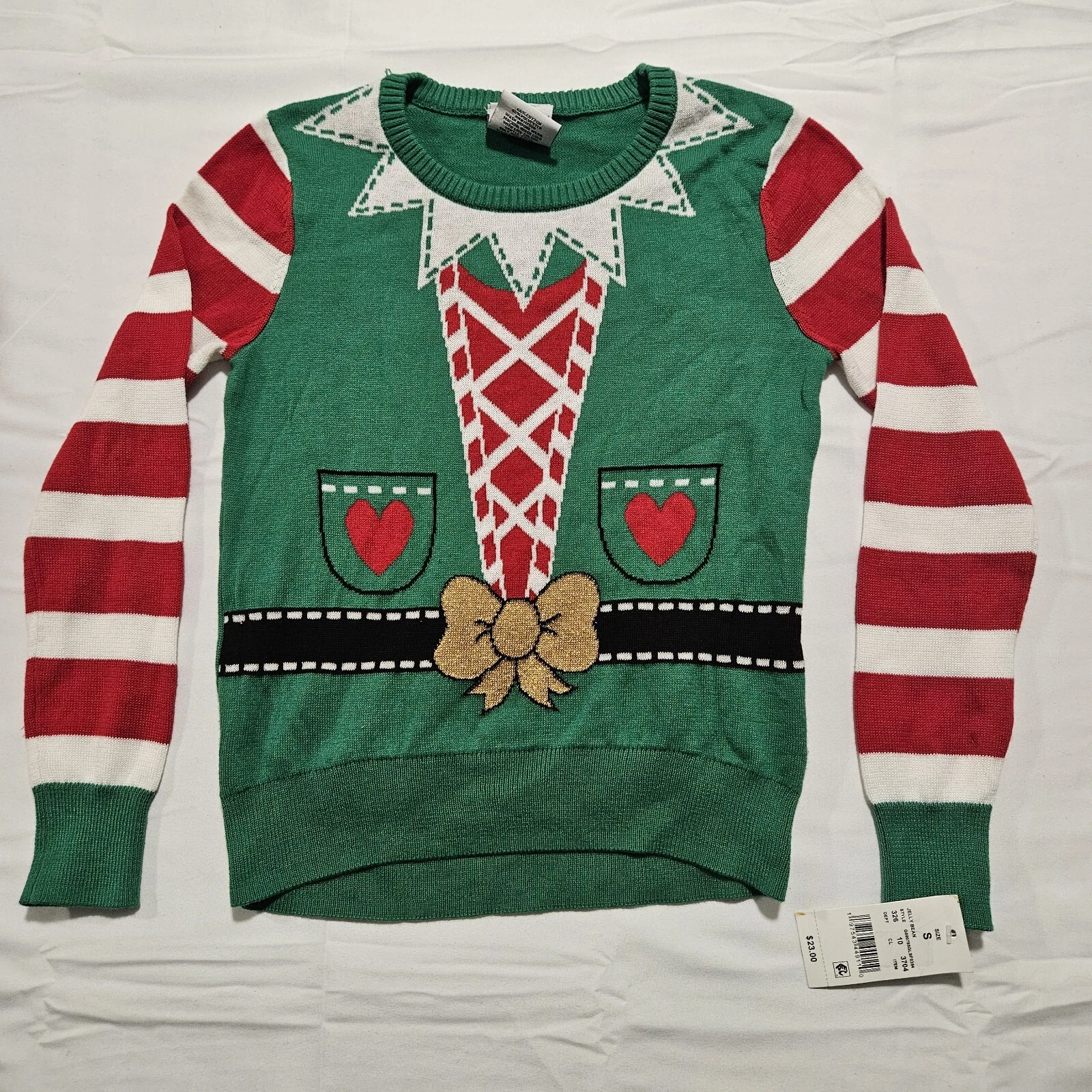 Christmas (Sz S) Ugly Elf Sweater Kids Unisex Jelly Bean Pullover -Green